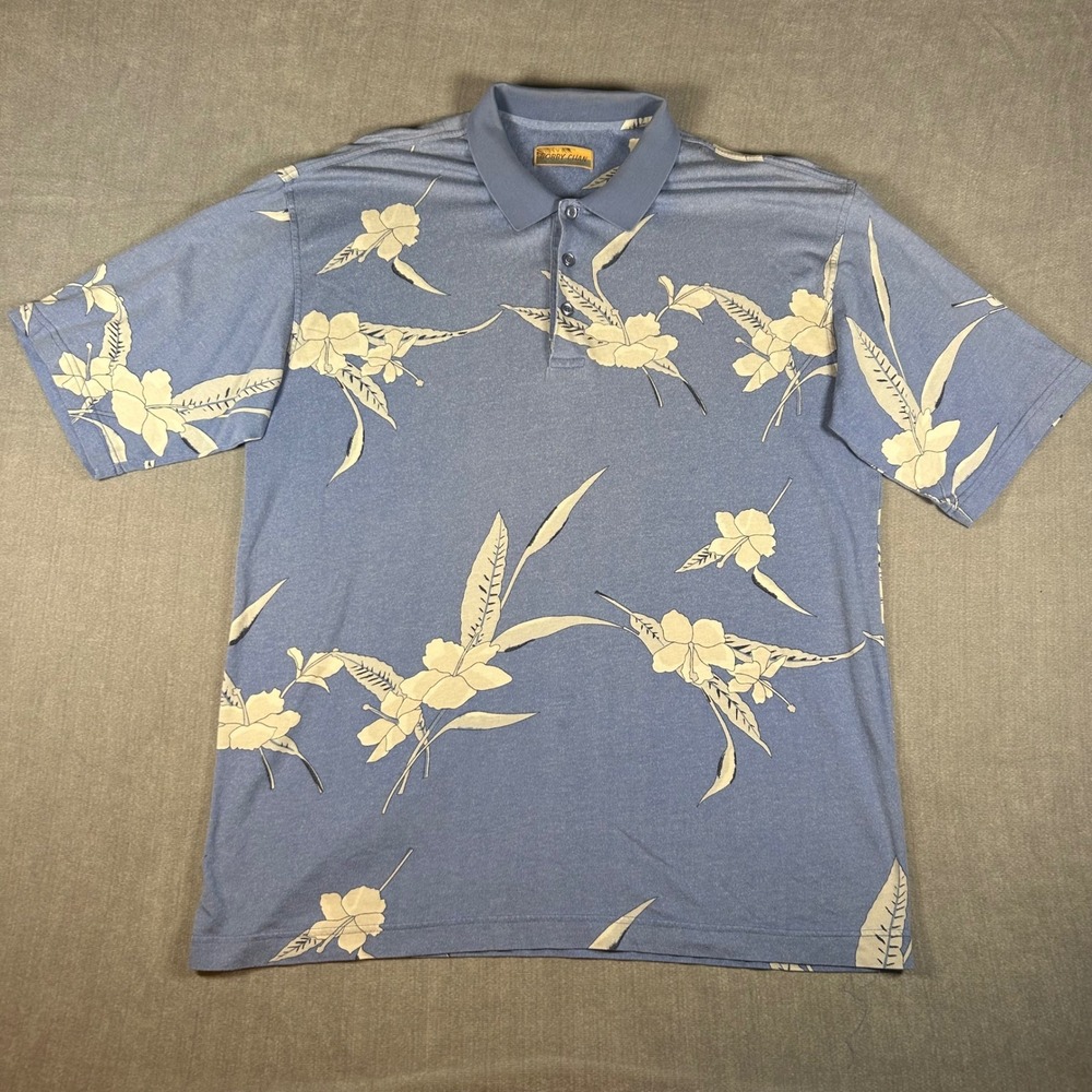 Bobby Chan Mens Blue Tropical Floral Polo Shirt Short Sleeve Casual XL